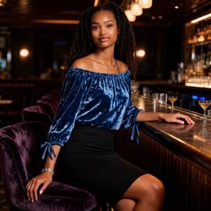 American Eagle Outfitters Blue Velvet Off-Shoulder Top, size Large, boho festive